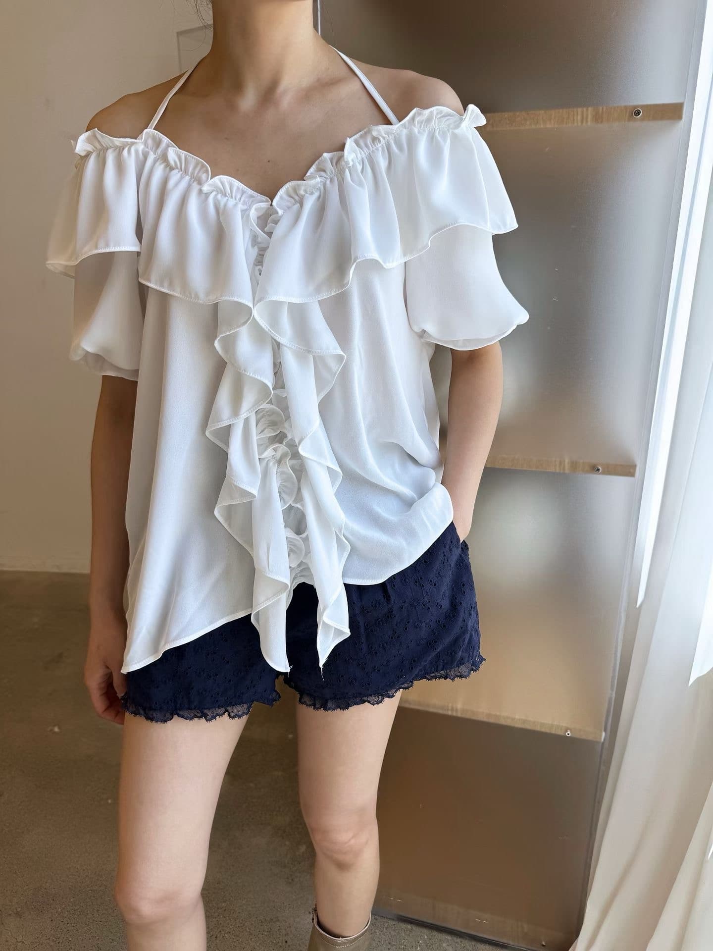 도착 중 한국 동대문 봄 여름 섹션 한 부서 다용도 프릴 행침 목 마이크로 ~을 통해 셔츠 상세 이미지 4