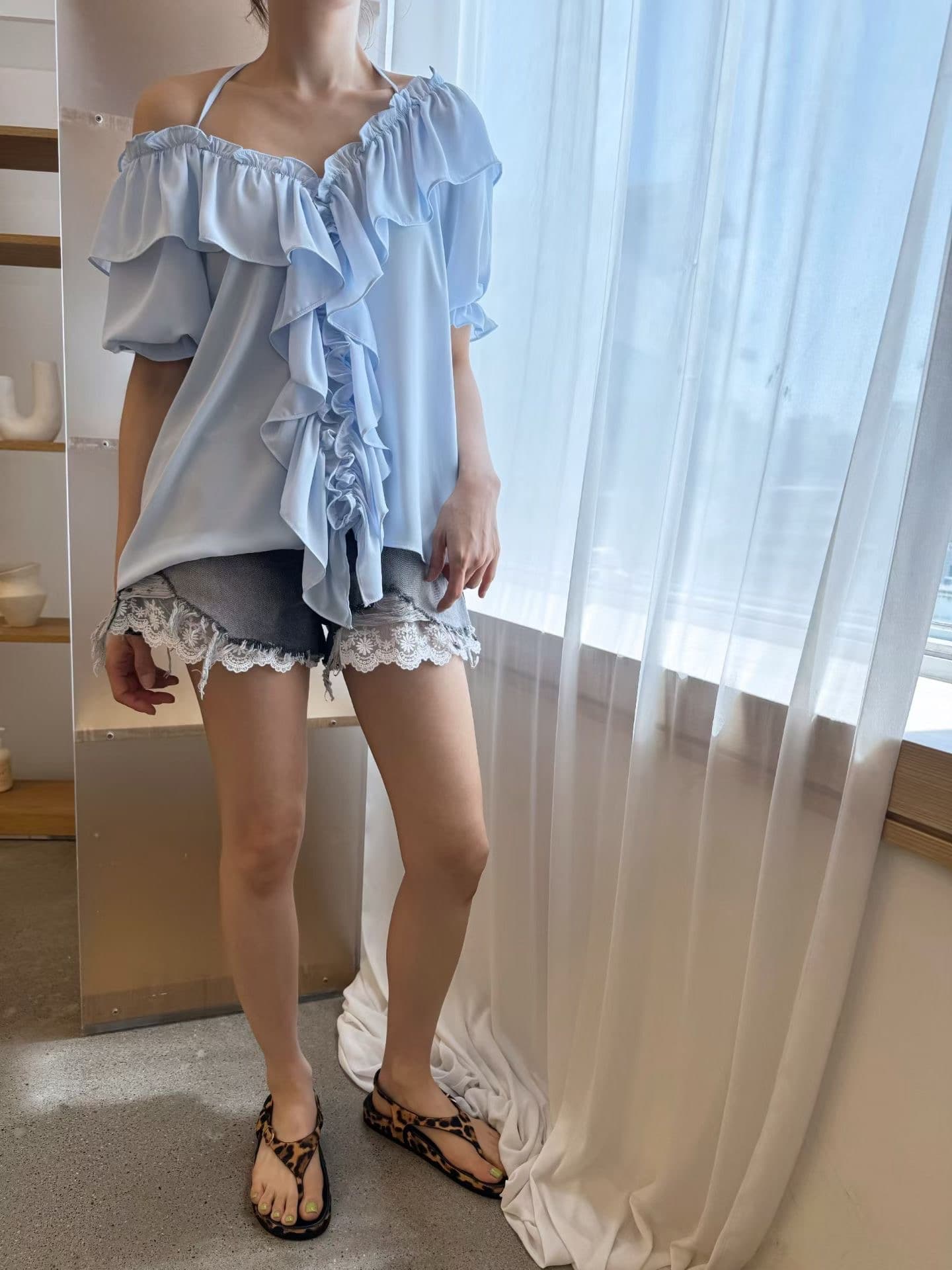 도착 중 한국 동대문 봄 여름 섹션 한 부서 다용도 프릴 행침 목 마이크로 ~을 통해 셔츠 상세 이미지 7