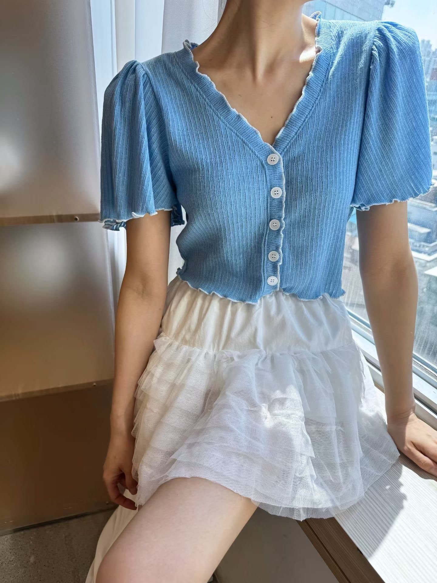 재고 있음 한국 동대문 봄 여름 섹션 부드러운 다용도 목이버섯 레이스 거품 소매 맨위 상세 이미지 4