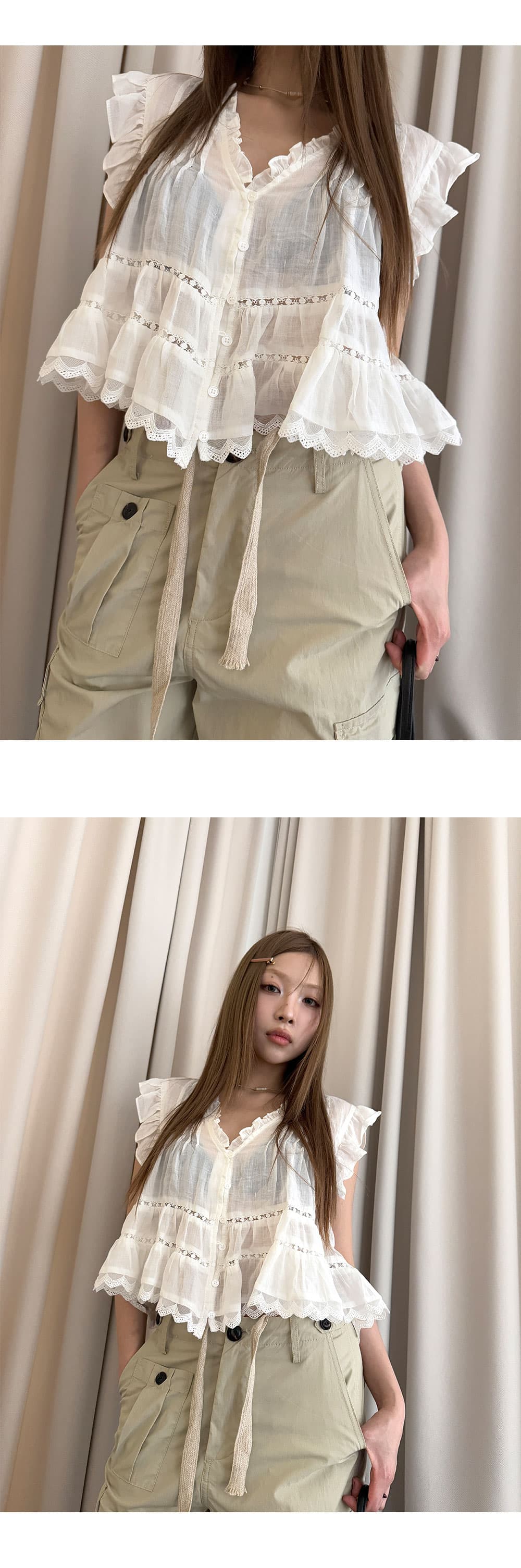 재고 있음 일본과 한국 패션 레트로 V넥 반팔 여성 셔츠 품격 슬림해 보이는 연령 감소 맨위 상세 이미지 7