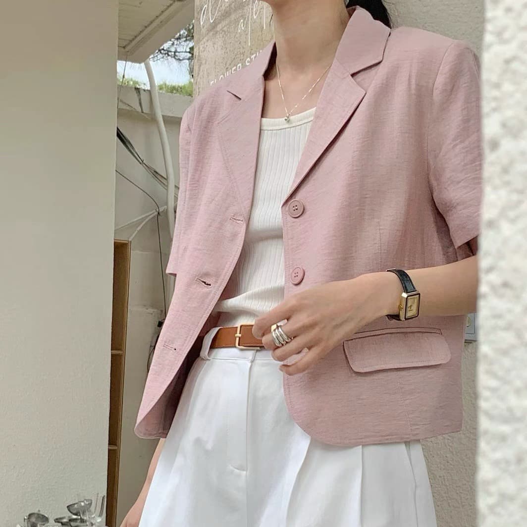 재고 있음 한 부서 chic 달콤함 품격 폴로 칼라 단일 행 3 캡슐 버클 루즈핏 캐주얼 다용도 반팔 블레이저 이미지 3
