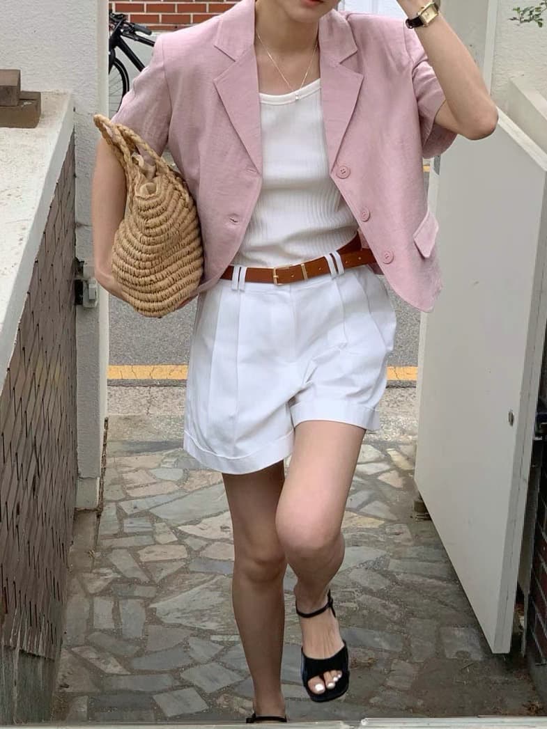 재고 있음 한 부서 chic 달콤함 품격 폴로 칼라 단일 행 3 캡슐 버클 루즈핏 캐주얼 다용도 반팔 블레이저 이미지 4