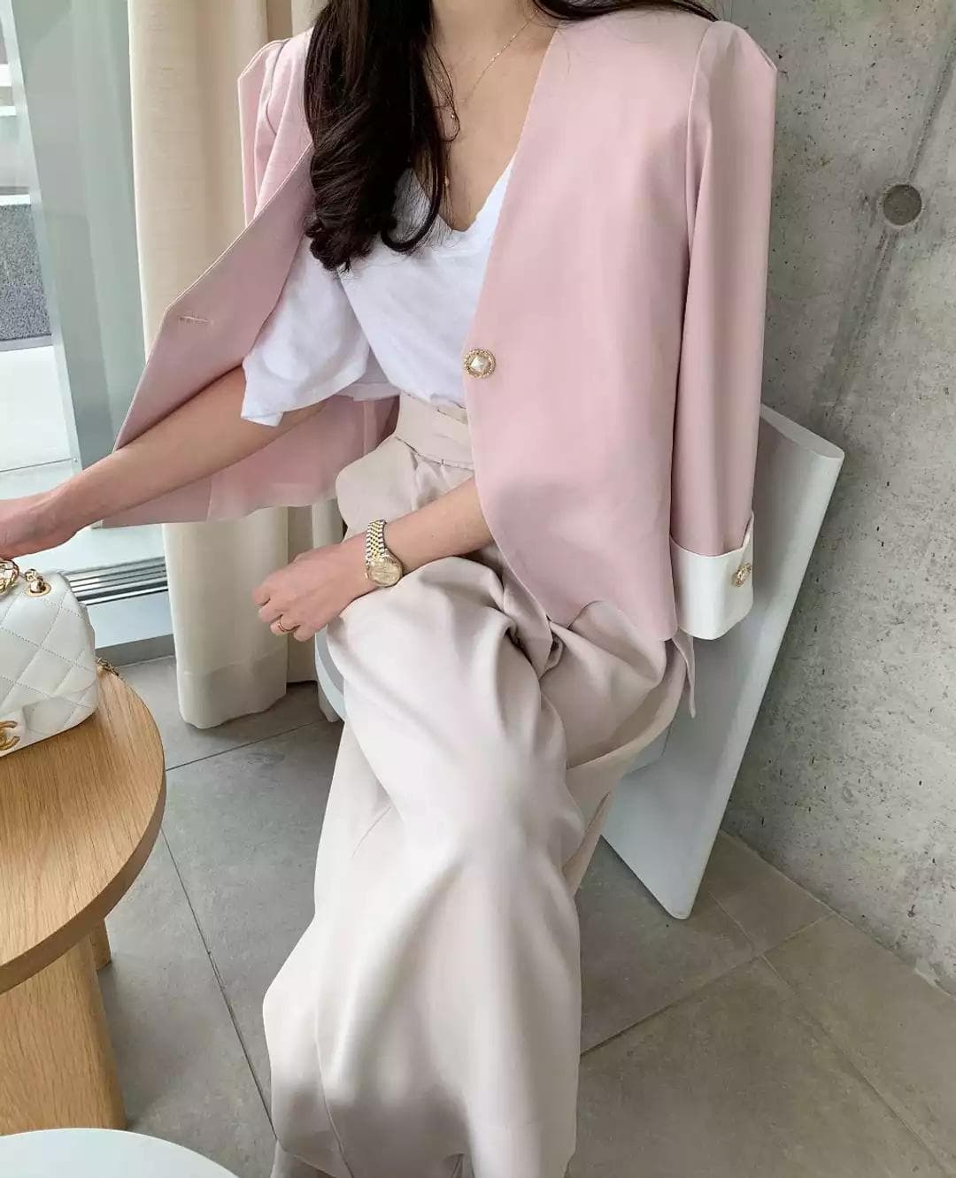 재고 있음 한국 chic 다용도 섹션 품격 배색 정장 진주 버클 재킷 이미지 3