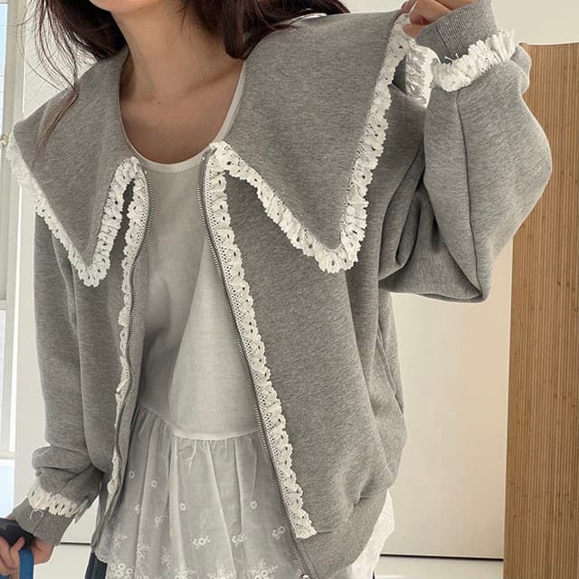 가을 겨울 새로운 한국 ins 패션 레이스 패치워크 빅 칼라 디자인 후드티 재킷 상세 이미지 17