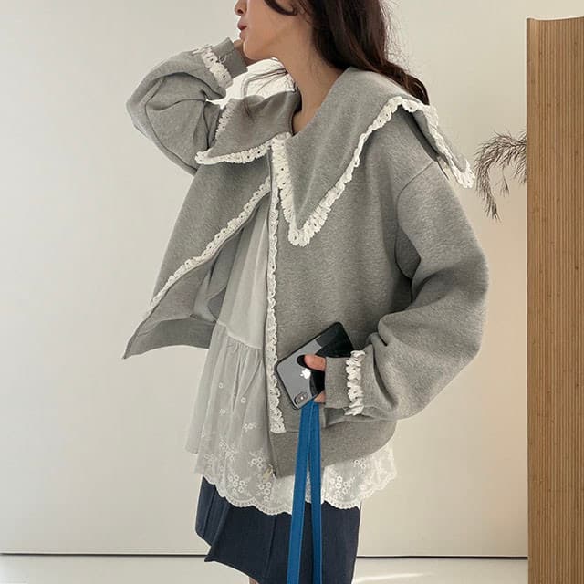 가을 겨울 새로운 한국 ins 패션 레이스 패치워크 빅 칼라 디자인 후드티 재킷 상세 이미지 18