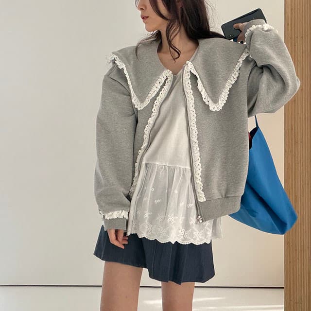 가을 겨울 새로운 한국 ins 패션 레이스 패치워크 빅 칼라 디자인 후드티 재킷 상세 이미지 19