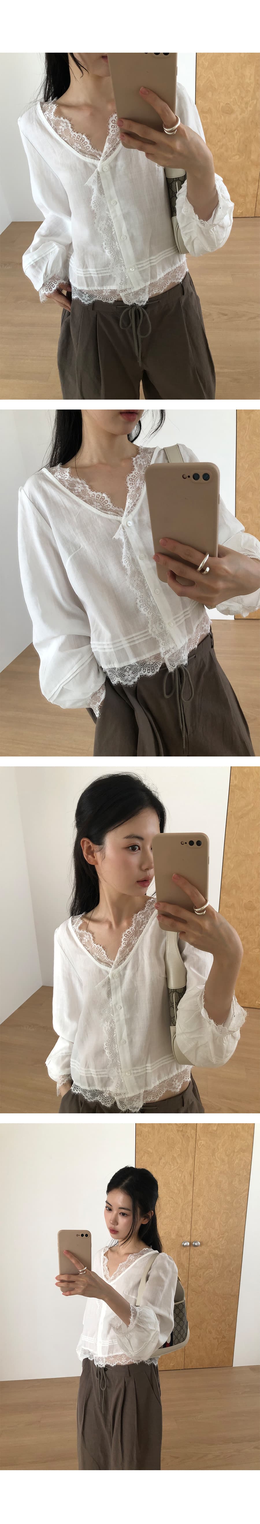 재고 있음 한국 ins 소녀 레이스 V 넥 셔츠 거품 소매 루즈핏 셔츠 상세 이미지 1