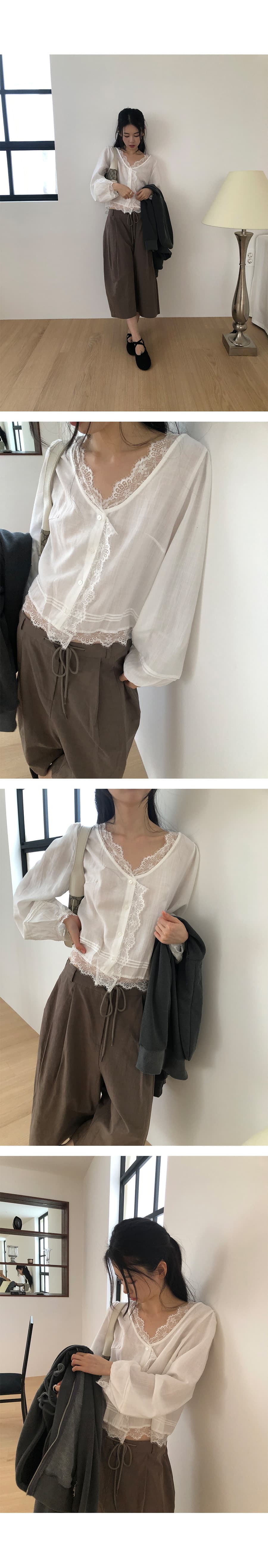 재고 있음 한국 ins 소녀 레이스 V 넥 셔츠 거품 소매 루즈핏 셔츠 상세 이미지 8