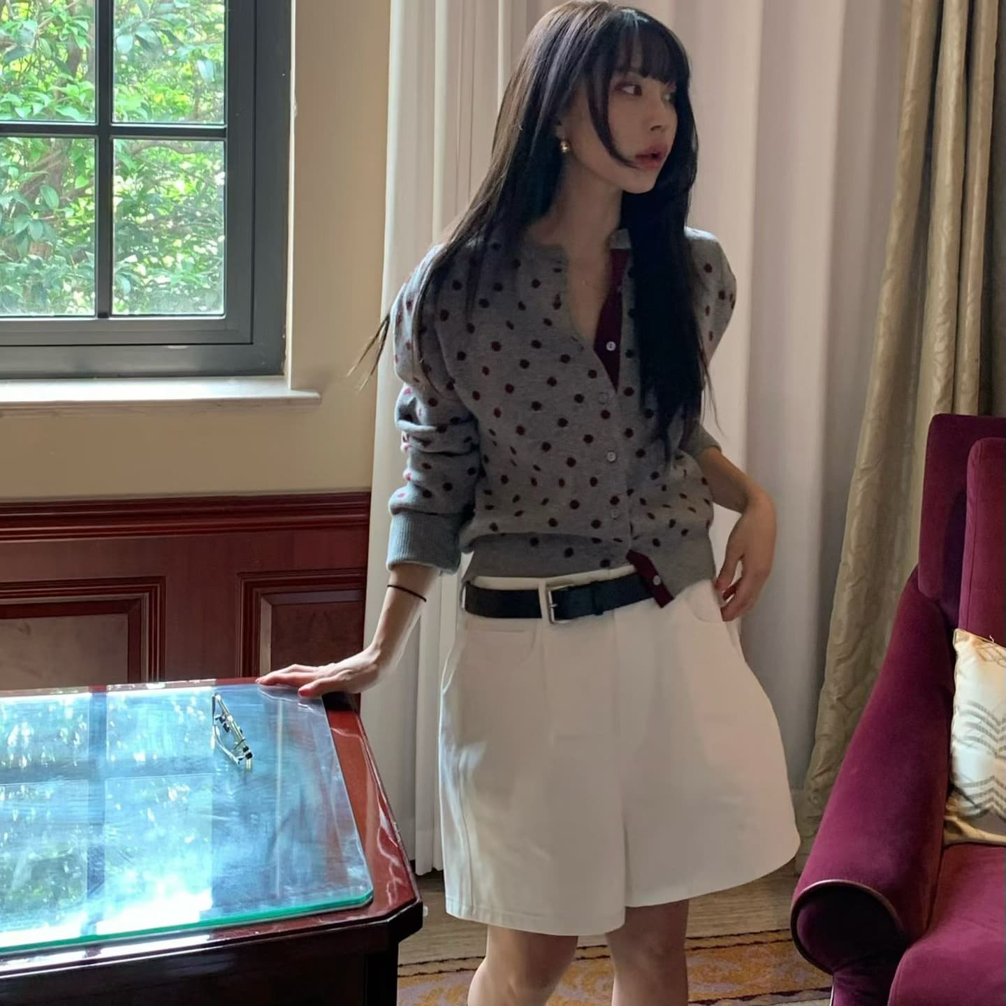 패션 품격 다용도 도트 무늬 니트 오픈 가디건 이미지 3