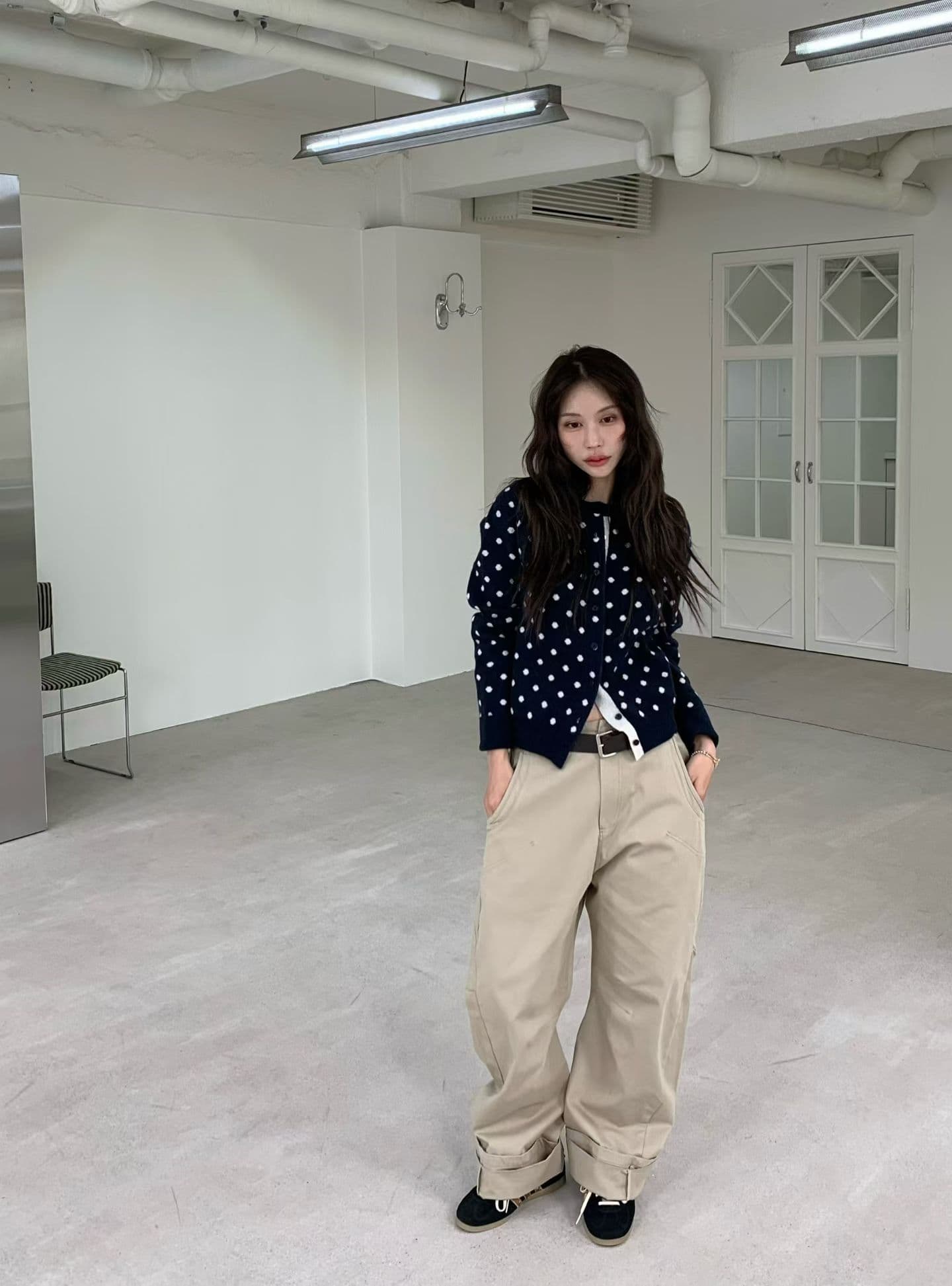 패션 품격 다용도 도트 무늬 니트 오픈 가디건 상세 이미지 4