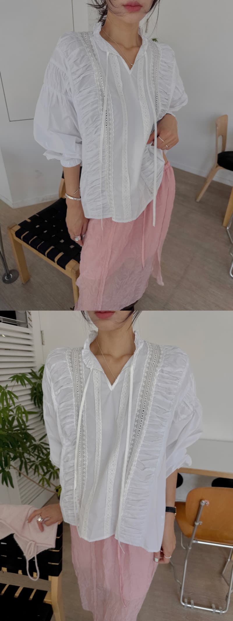 프랑스식 스탠드 칼라 프릴 레이스업 루즈핏 긴팔 여성 셔츠 화이트 레이스 레이스 연령 감소 품격 맨위 상세 이미지 1