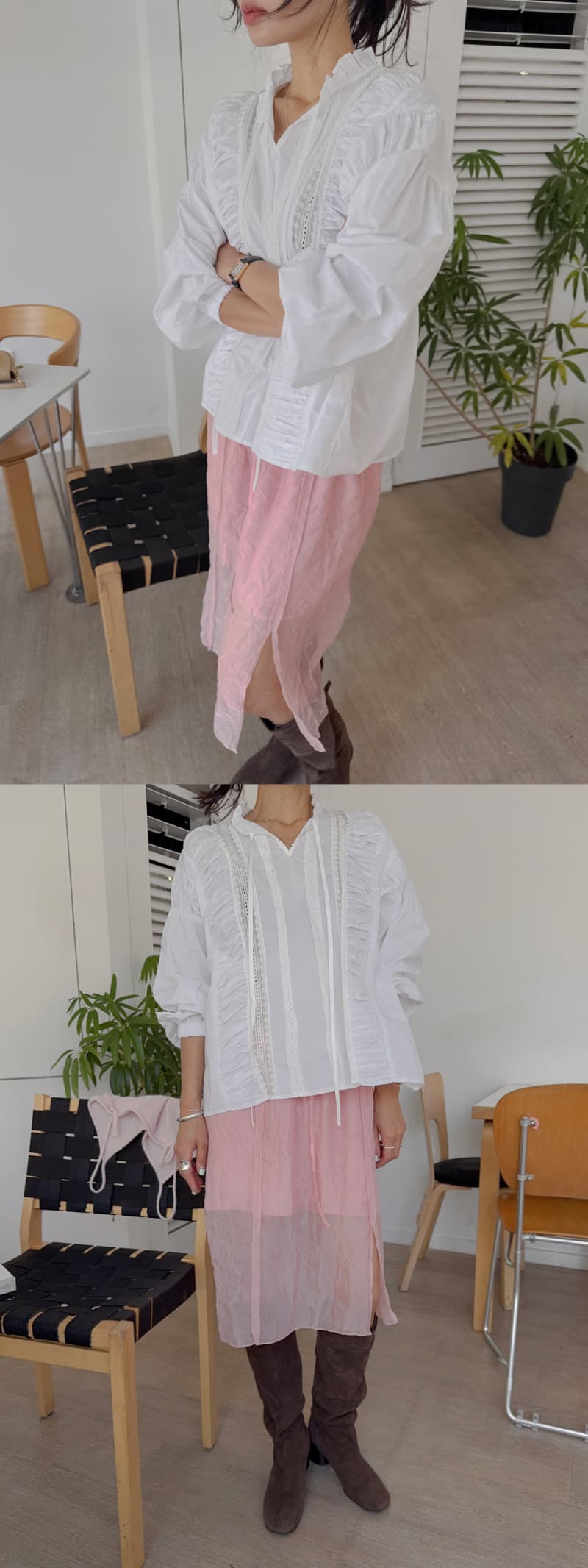 프랑스식 스탠드 칼라 프릴 레이스업 루즈핏 긴팔 여성 셔츠 화이트 레이스 레이스 연령 감소 품격 맨위 상세 이미지 3