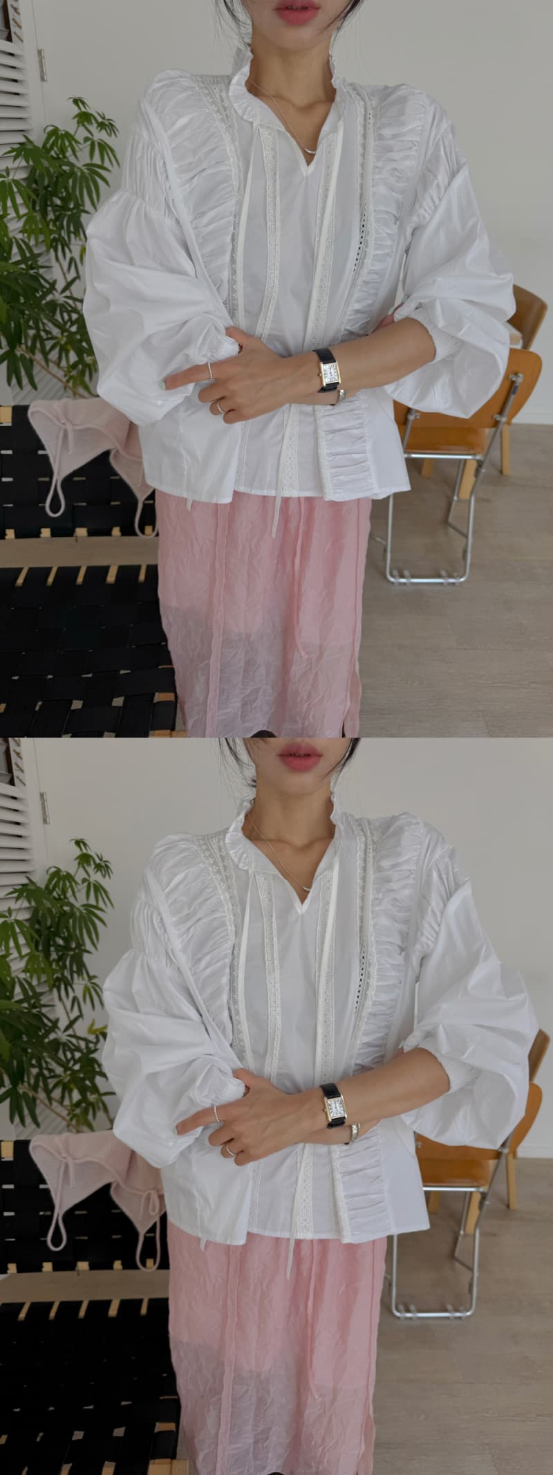 프랑스식 스탠드 칼라 프릴 레이스업 루즈핏 긴팔 여성 셔츠 화이트 레이스 레이스 연령 감소 품격 맨위 상세 이미지 7