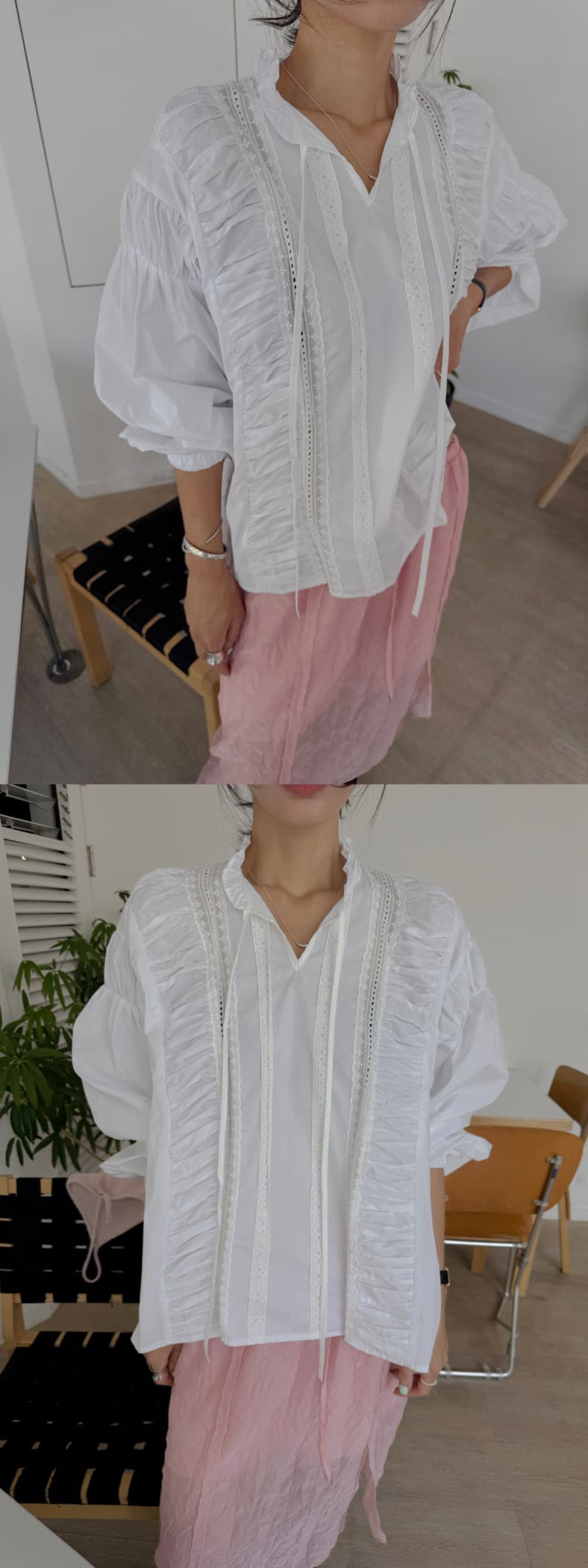 프랑스식 스탠드 칼라 프릴 레이스업 루즈핏 긴팔 여성 셔츠 화이트 레이스 레이스 연령 감소 품격 맨위 상세 이미지 14