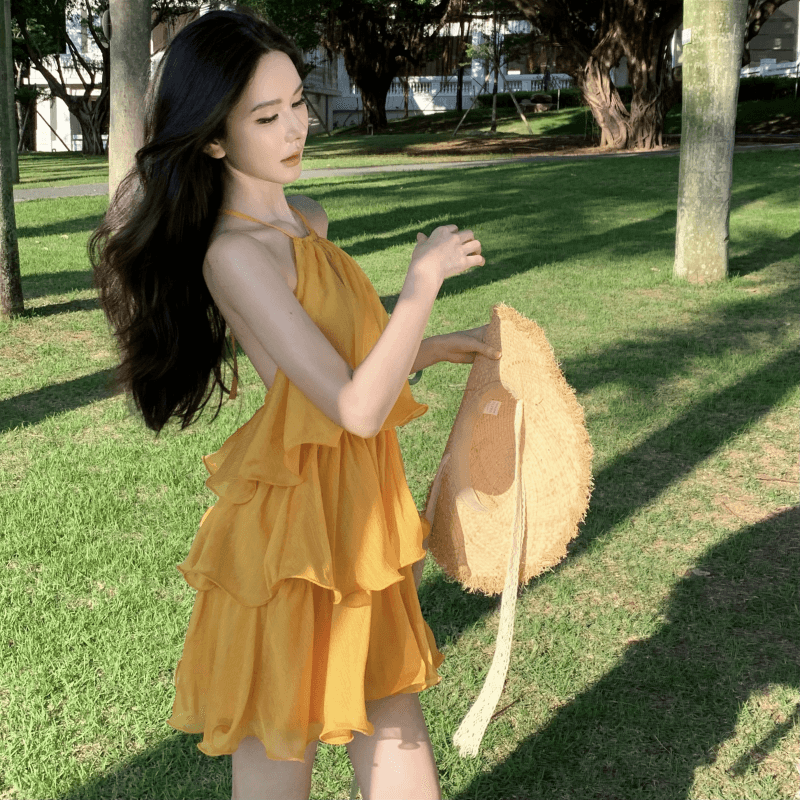 캘리포니아 주 일몰 휴가 낭만주의 드레스 다중 레이어 연꽃 잎 광택 실 미니 스커트 작은 드레스 치마 상세 이미지 7