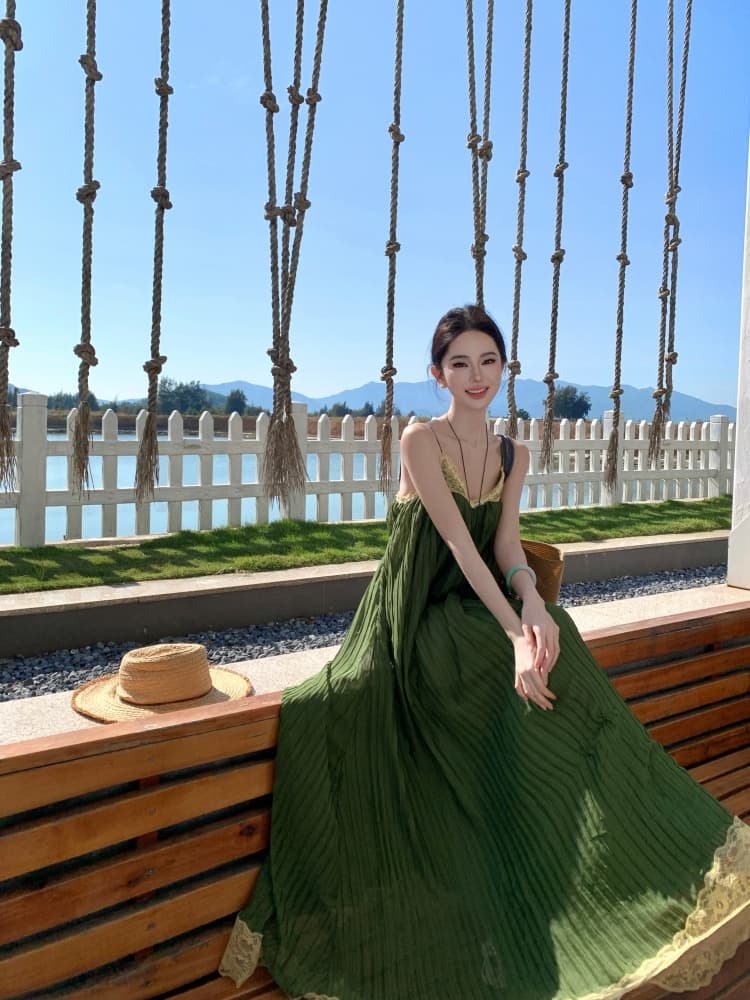 복제본 개선 레트로 스타일 주름 디자인 센스 레이스 슬립 드레스 상세 이미지 4
