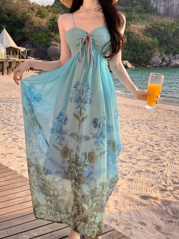 파란색 프린트 행침 목 흔들다 Pleat 여성 드레스 오리지널 디자인 슬립 드레스 롱 스커트 예복 새로운 상세 이미지 6
