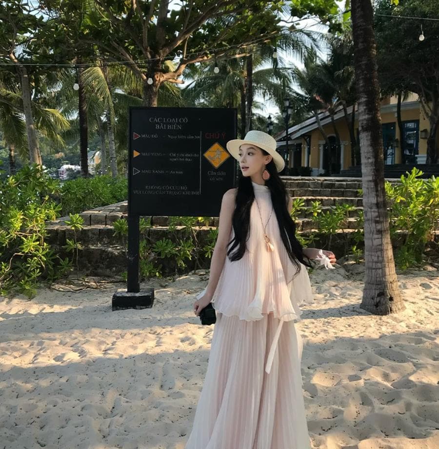 복숭아 소녀 캐미솔 맨위 여성 여름 휴가 바람 한 마디 반신 치마 세트 이미지 3