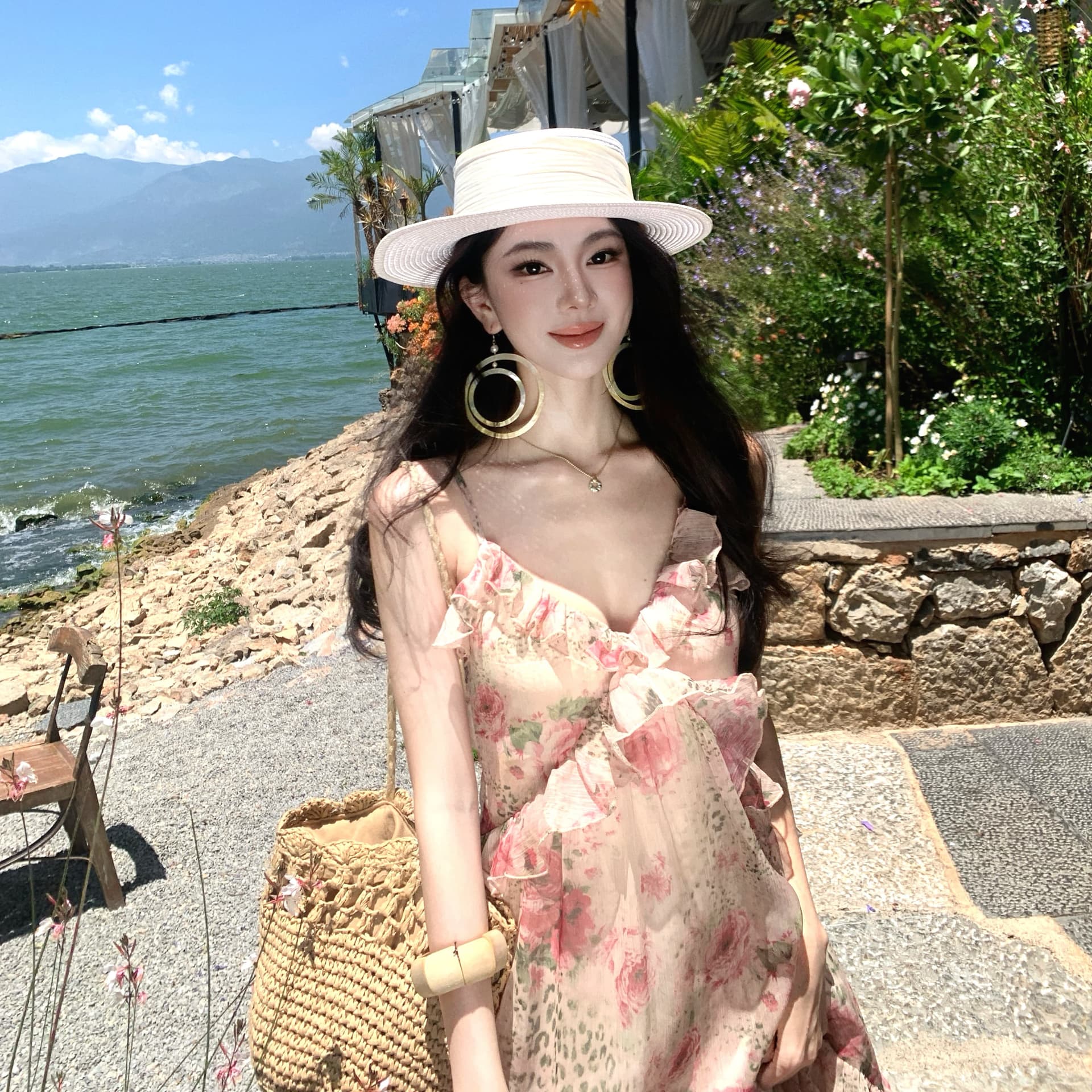 발레 와일드 장미 프랑스식 핑크색 V넥 여성 드레스 여름 휴가 바람 슬림해 보이는 슬립 롱 스커트 상세 이미지 10