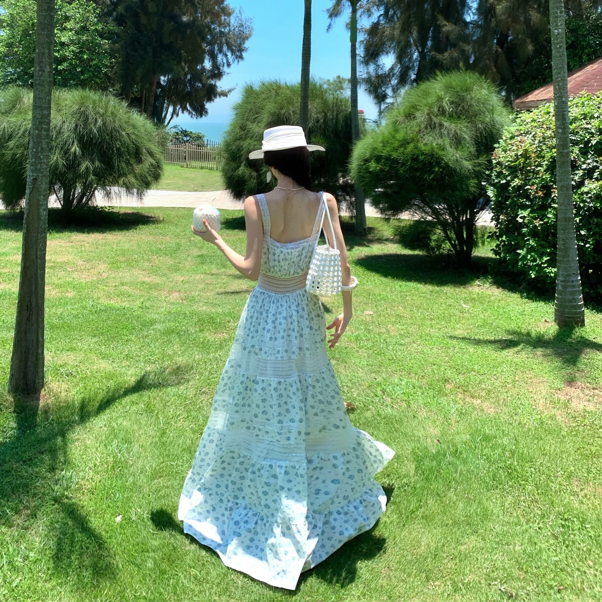 여름 와일드 꽃이 핌 레이스 조각 광장 칼라 슬립 드레스 홀로우 아웃 디자인 한 마디 롱 스커트 이미지 2