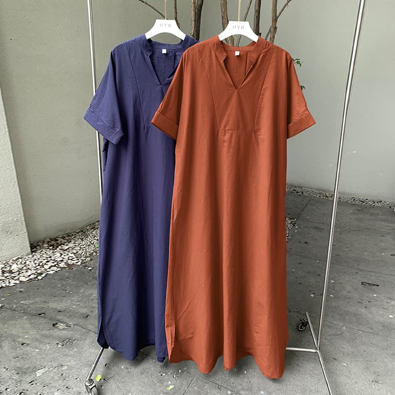 실사 일본과 한국 여름 새로운 드레스 일본식 레트로 품격 출퇴근 루즈핏 반팔 A라인 스커트 롱 스커트 여성 이미지 4
