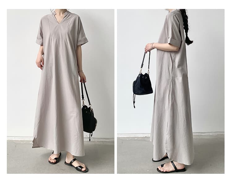 실사 일본과 한국 여름 새로운 드레스 일본식 레트로 품격 출퇴근 루즈핏 반팔 A라인 스커트 롱 스커트 여성 상세 이미지 24