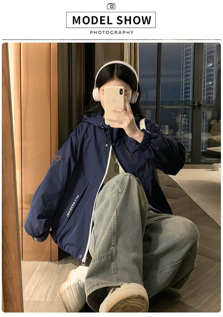 봄 드레스 여성 의류 자켓 쇼트 스타일 재킷 단색 학원 스타일 후드 바람막이 여성 코트 작은 키 긴팔 재킷 상세 이미지 6