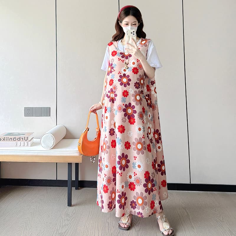 여름 출산 착용 빅 사이즈 드레스 새로운 롱 코트 민소매 멜빵 스커트 임신 전체 마침표 프린트 다용도 임산부 치마 이미지 2
