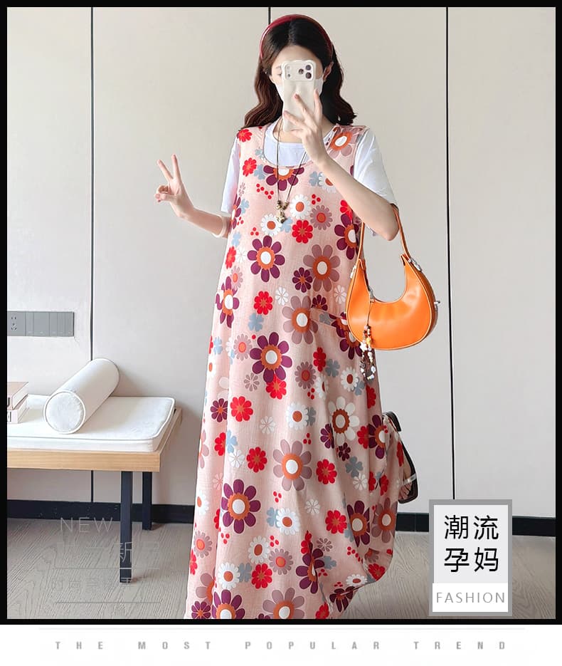 여름 출산 착용 빅 사이즈 드레스 새로운 롱 코트 민소매 멜빵 스커트 임신 전체 마침표 프린트 다용도 임산부 치마 상세 이미지 1