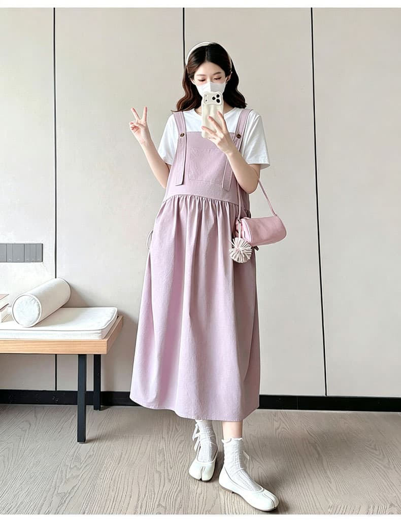 여름 출산 착용 패션 멜빵 스커트 새로운 다용도 단색 학원 스타일 전체 임신 기간 빅 사이즈 패션 출산 스커트 상세 이미지 14