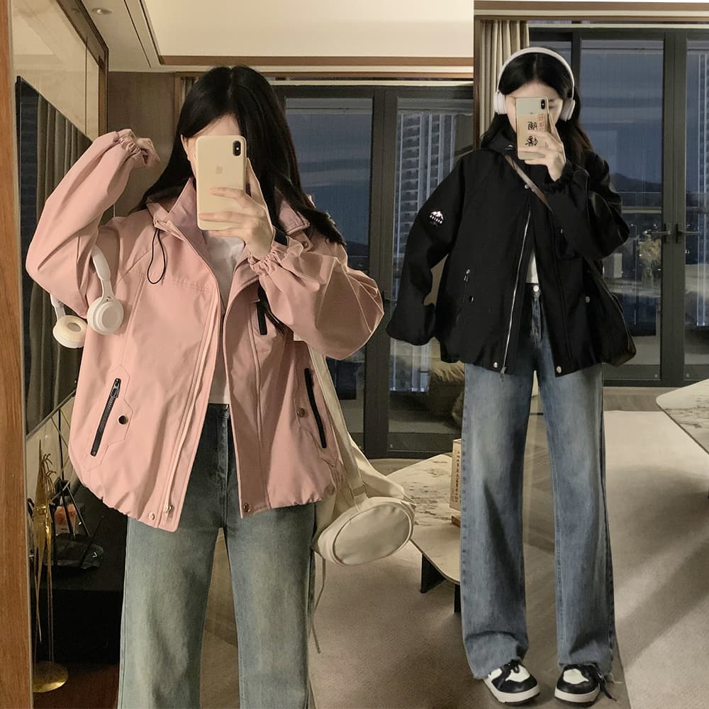 단색 재킷 새로운 패션 후드 학원 스타일 레트로 여성 코트 작은 키 맨위 루즈핏 방수 재킷 이미지 2