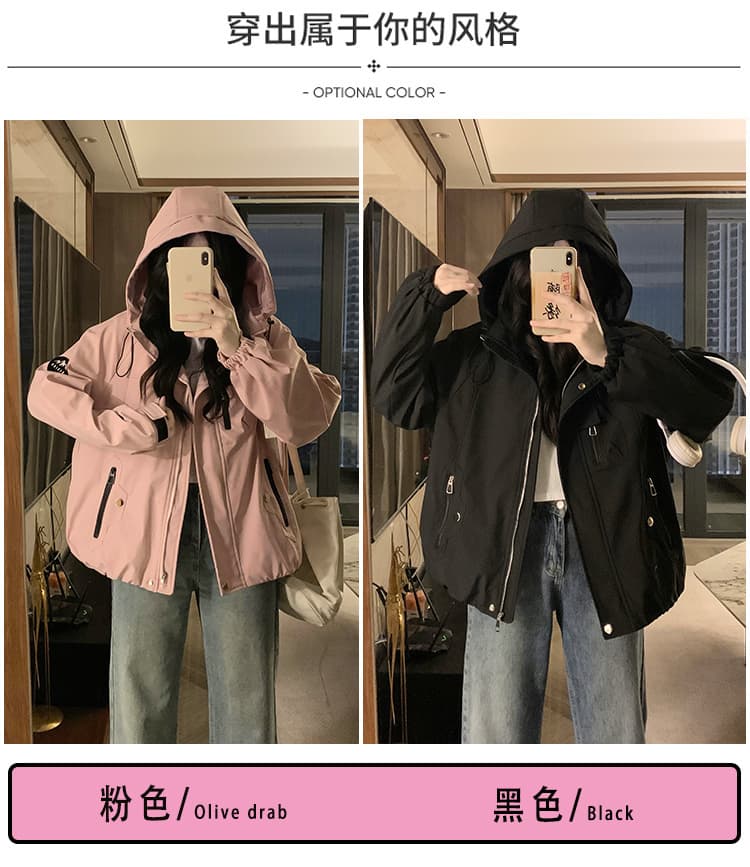 단색 재킷 새로운 패션 후드 학원 스타일 레트로 여성 코트 작은 키 맨위 루즈핏 방수 재킷 상세 이미지 8
