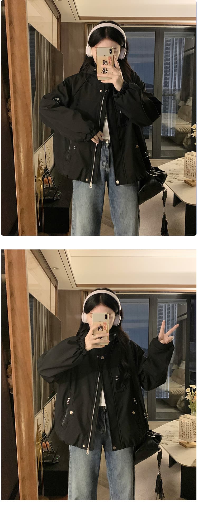 단색 재킷 새로운 패션 후드 학원 스타일 레트로 여성 코트 작은 키 맨위 루즈핏 방수 재킷 상세 이미지 15