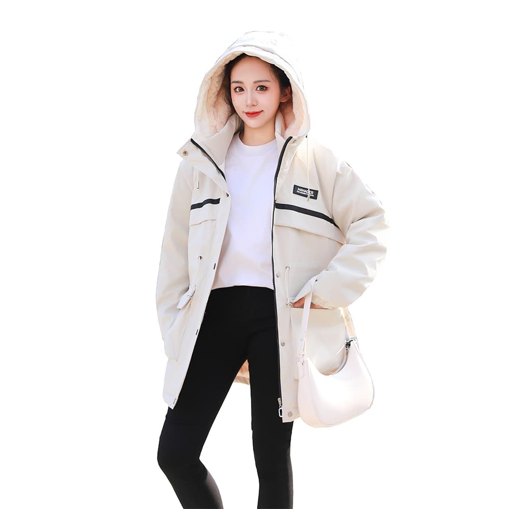 가을 겨울철 면 옷 새로운 단색 후드 바람막이 털이 있고 두꺼운 재킷 중간 길이 보온 면 의류 여성 의류 이미지 6