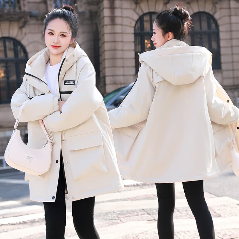 가을 겨울철 면 옷 새로운 단색 후드 바람막이 털이 있고 두꺼운 재킷 중간 길이 보온 면 의류 여성 의류 이미지 5