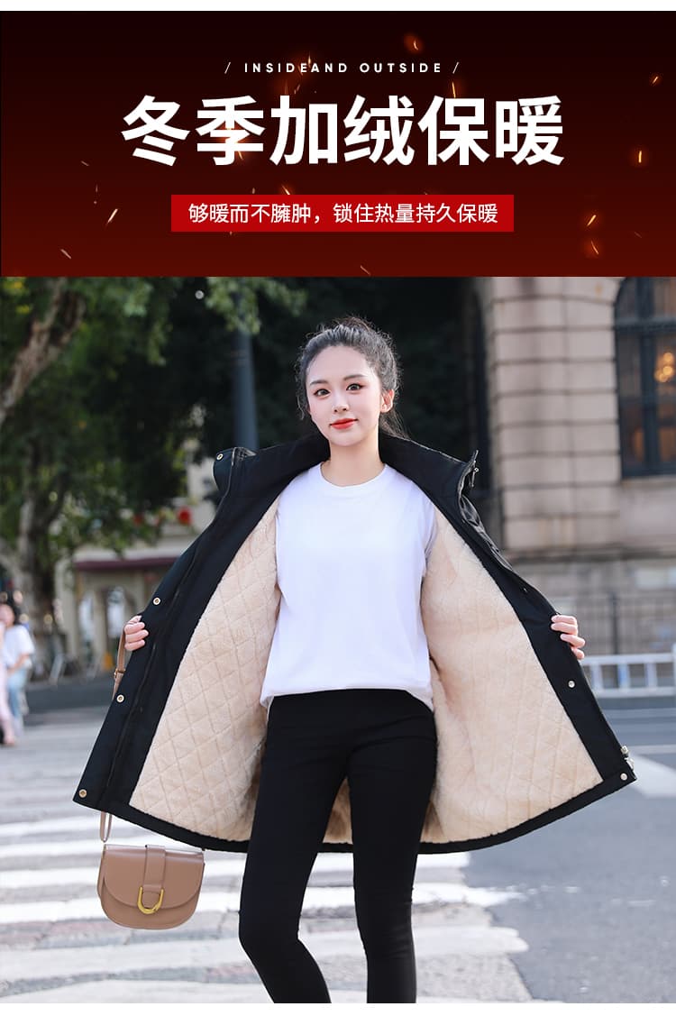 가을 겨울철 면 옷 새로운 단색 후드 바람막이 털이 있고 두꺼운 재킷 중간 길이 보온 면 의류 여성 의류 상세 이미지 9