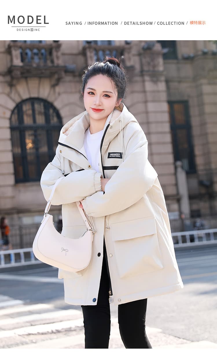 가을 겨울철 면 옷 새로운 단색 후드 바람막이 털이 있고 두꺼운 재킷 중간 길이 보온 면 의류 여성 의류 상세 이미지 12