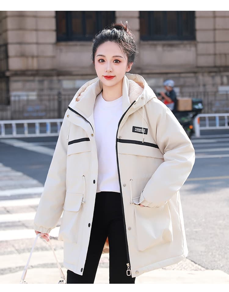 가을 겨울철 면 옷 새로운 단색 후드 바람막이 털이 있고 두꺼운 재킷 중간 길이 보온 면 의류 여성 의류 상세 이미지 18