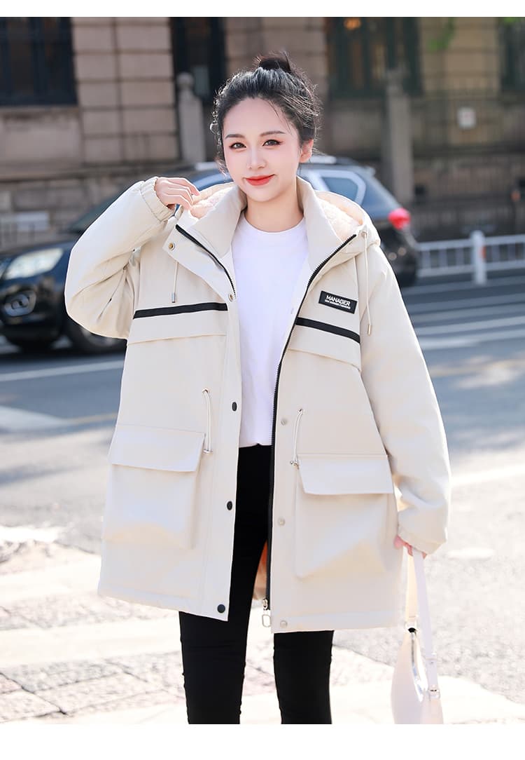 가을 겨울철 면 옷 새로운 단색 후드 바람막이 털이 있고 두꺼운 재킷 중간 길이 보온 면 의류 여성 의류 상세 이미지 20