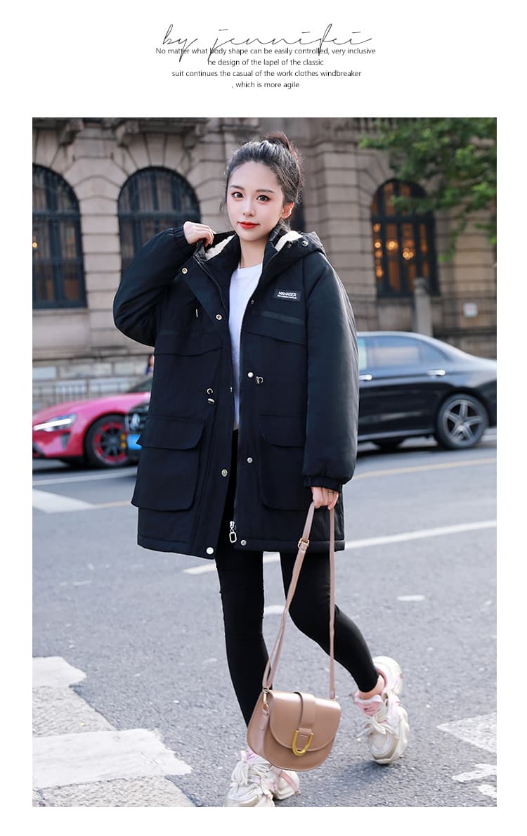 가을 겨울철 면 옷 새로운 단색 후드 바람막이 털이 있고 두꺼운 재킷 중간 길이 보온 면 의류 여성 의류 상세 이미지 22