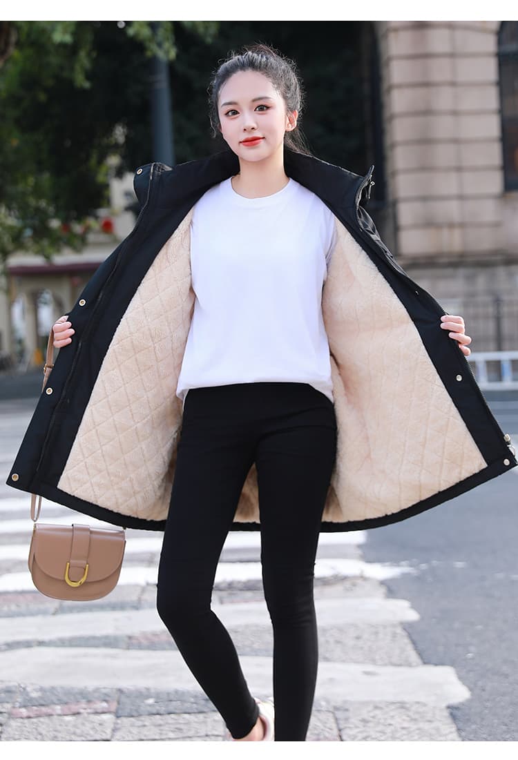 가을 겨울철 면 옷 새로운 단색 후드 바람막이 털이 있고 두꺼운 재킷 중간 길이 보온 면 의류 여성 의류 상세 이미지 23