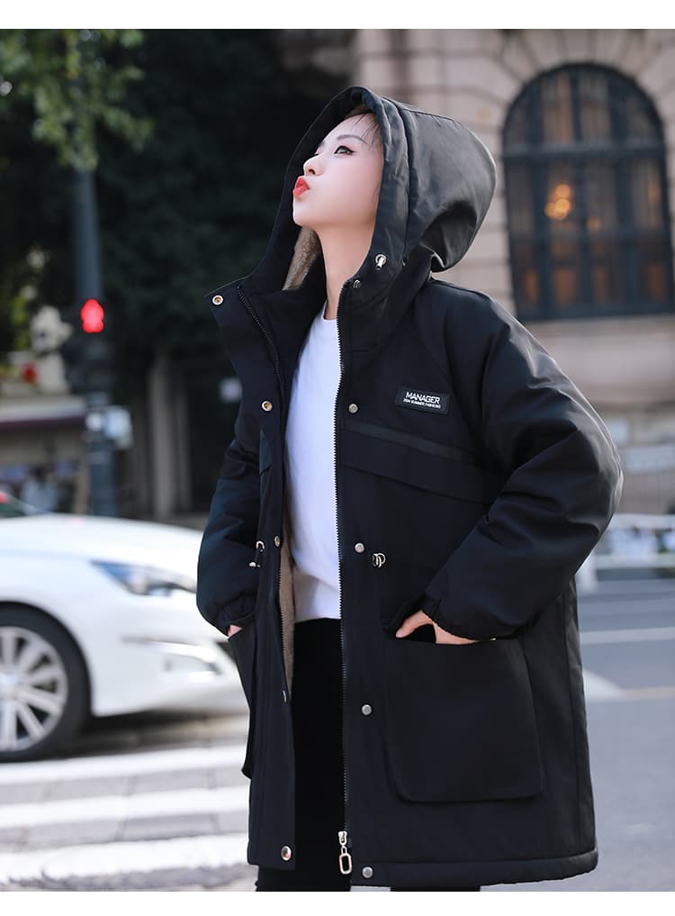 가을 겨울철 면 옷 새로운 단색 후드 바람막이 털이 있고 두꺼운 재킷 중간 길이 보온 면 의류 여성 의류 상세 이미지 26