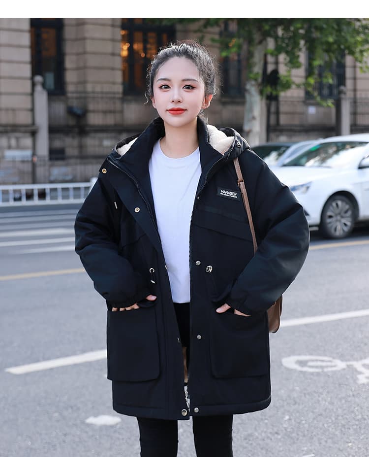 가을 겨울철 면 옷 새로운 단색 후드 바람막이 털이 있고 두꺼운 재킷 중간 길이 보온 면 의류 여성 의류 상세 이미지 27
