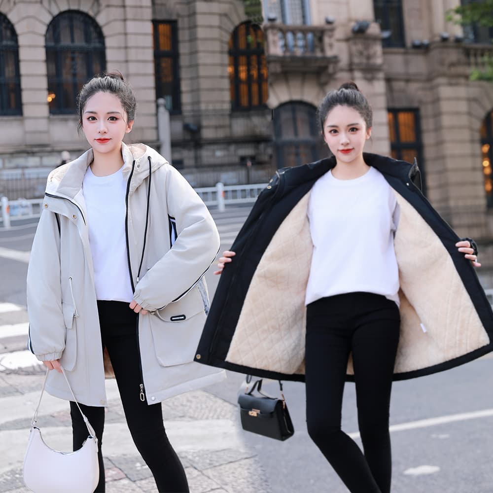 여성 의류 면 옷 새로운 후드 패치워크 단색 워크웨어 털이 있고 두꺼운 보온 면 옷 캐주얼 루즈핏 방수 면 의류 이미지 3