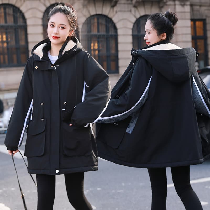 여성 의류 면 옷 새로운 후드 패치워크 단색 워크웨어 털이 있고 두꺼운 보온 면 옷 캐주얼 루즈핏 방수 면 의류 이미지 4