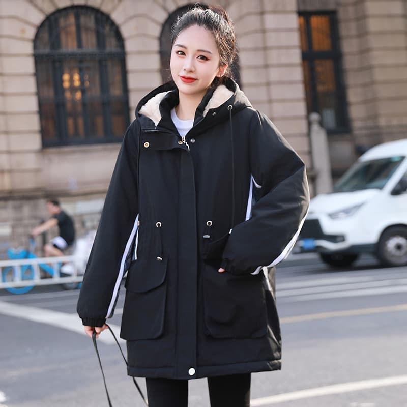 여성 의류 면 옷 새로운 후드 패치워크 단색 워크웨어 털이 있고 두꺼운 보온 면 옷 캐주얼 루즈핏 방수 면 의류 이미지 5