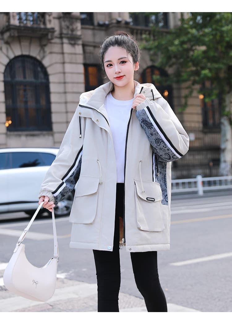 여성 의류 면 옷 새로운 후드 패치워크 단색 워크웨어 털이 있고 두꺼운 보온 면 옷 캐주얼 루즈핏 방수 면 의류 상세 이미지 20