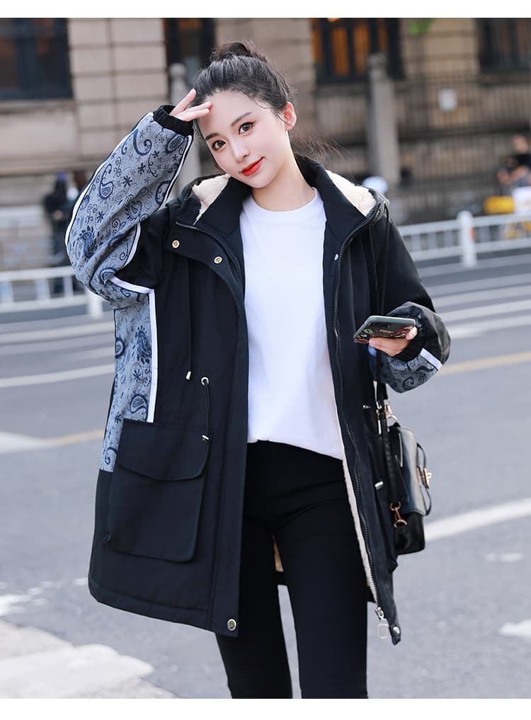 여성 의류 면 옷 새로운 후드 패치워크 단색 워크웨어 털이 있고 두꺼운 보온 면 옷 캐주얼 루즈핏 방수 면 의류 상세 이미지 21