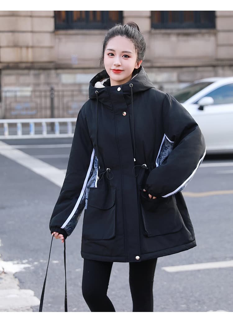 여성 의류 면 옷 새로운 후드 패치워크 단색 워크웨어 털이 있고 두꺼운 보온 면 옷 캐주얼 루즈핏 방수 면 의류 상세 이미지 29