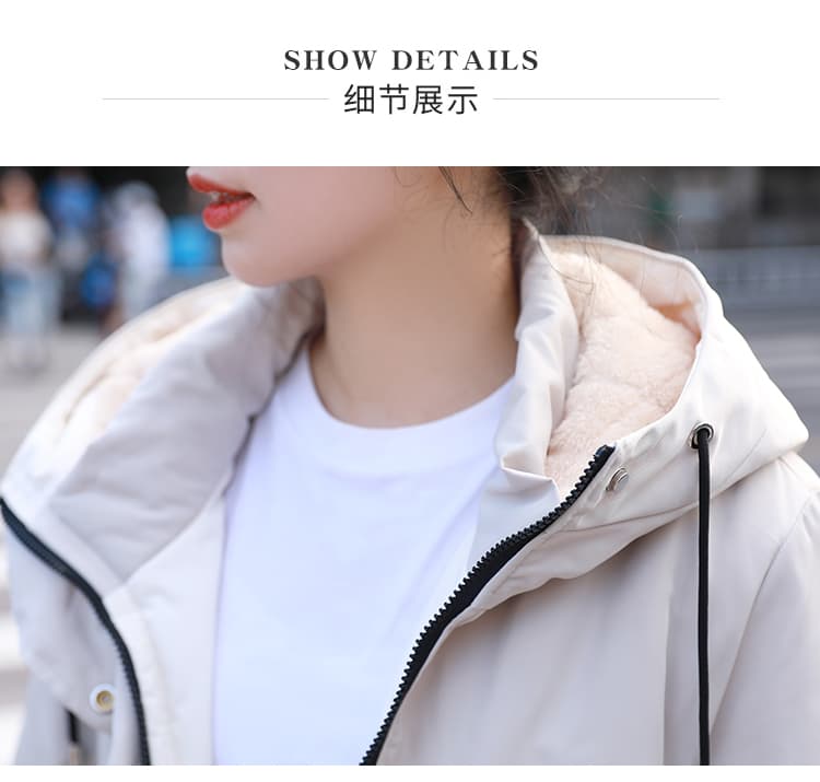 여성 의류 면 옷 새로운 후드 패치워크 단색 워크웨어 털이 있고 두꺼운 보온 면 옷 캐주얼 루즈핏 방수 면 의류 상세 이미지 30
